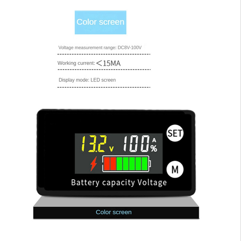Akkumulátor kapacitásjelző autó motorkerékpár voltmérő feszültségmérő DC 8V-100V ólomsav lítium Lifepo4 színes képernyő