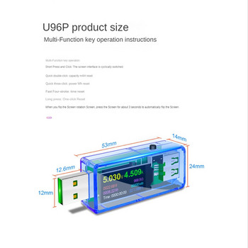 USB Tester U96P 13 σε 1 USB Tester DC Ψηφιακό βολτόμετρο τάσης Αμπερόμετρο ρεύματος Volt Ανιχνευτής Φορτιστής Ένδειξη Μετρητής Διαφανές μπλε
