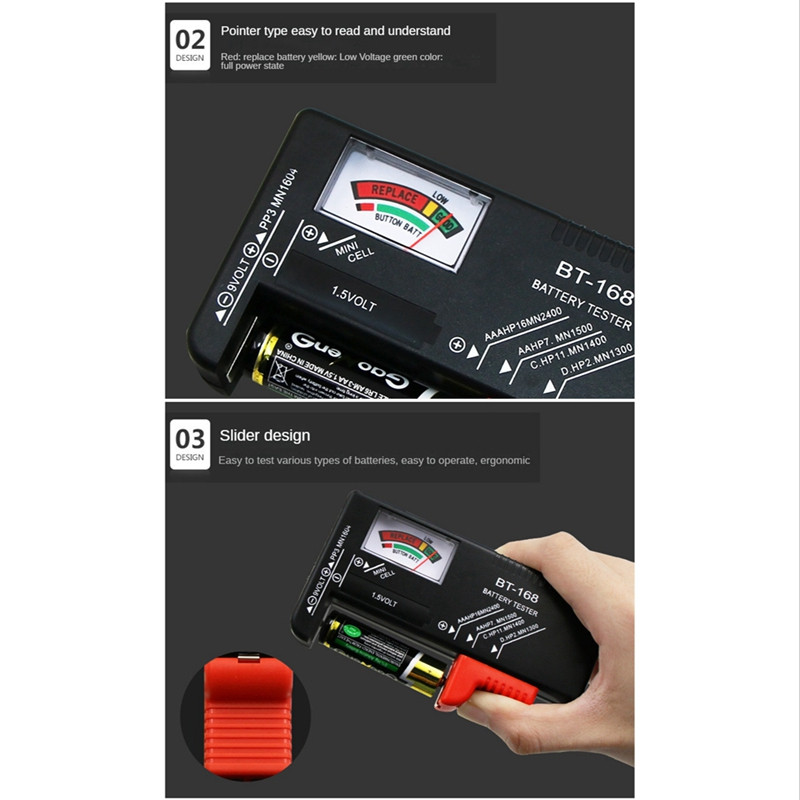 BT-168 AA/AAA/C/D/9V/1.5V Universālais pogu elementu bateriju krāsu kodētais skaitītājs, kas norāda sprieguma testera pārbaudītāju BT168