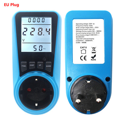 EU Plug AC teljesítménymérő Digitális wattmérő Watt Energia monitor Idő Feszültség Áram Herz Ár kijelző Aljzat analizátor