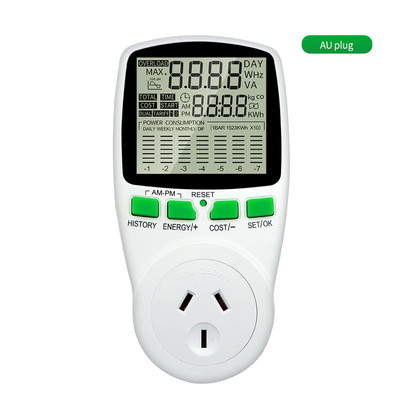 Digitālais vatmetrs maiņstrāvas 230 V strāvas mērītāja ligzda Vatmetrs enerģijas mērītājs 50 Hz vatu izmaksu monitors, mērīšanas izejas jaudas analizators