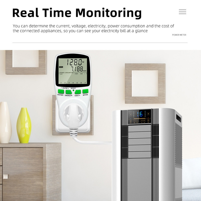 Digitālais vatmetrs maiņstrāvas 230 V strāvas mērītāja ligzda Vatmetrs enerģijas mērītājs 50 Hz vatu izmaksu monitors, mērīšanas izejas jaudas analizators