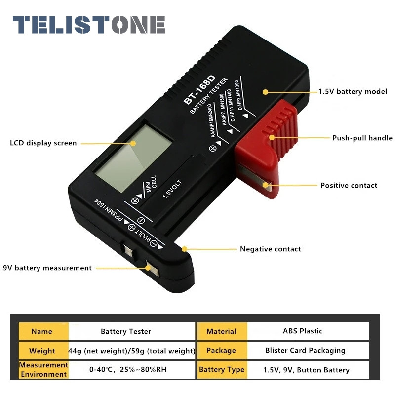 BT-168 universaalnupuga mitme suurusega akude tester AA/AAA/C/D/9V/1,5V LCD-ekraaniga digitaalse patarei testeri pingekontrolli jaoks