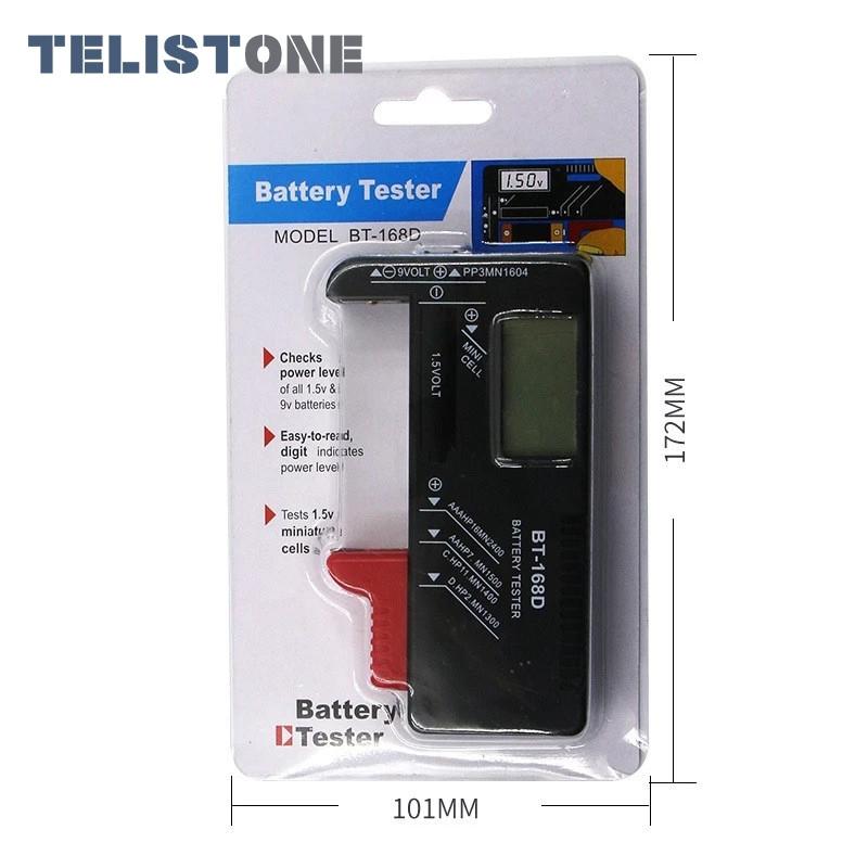 BT-168 universaalnupuga mitme suurusega akude tester AA/AAA/C/D/9V/1,5V LCD-ekraaniga digitaalse patarei testeri pingekontrolli jaoks