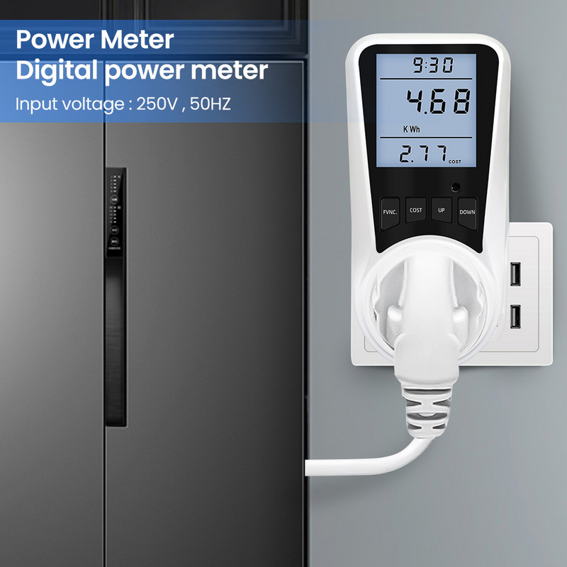 Digitālais vatmetrs 220V 110V maiņstrāvas jaudas skaitītājs Elektrības patēriņš Enerģijas skaitītājs EU Plug Power Kilovats jauda Elektrības skaitītājs