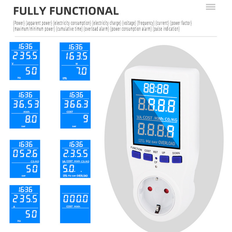 220V AC EU mjerač snage Digitalni LCD zaslon Potrošnja električne energije snaga Kwh Mjerač energije EU US UK Utičnica Analizator snage