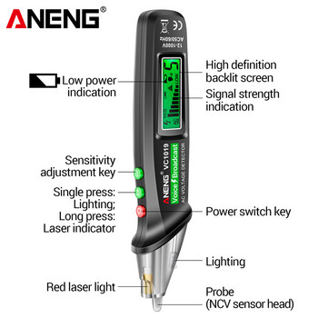 ANENG VC1019 DC AC тестова писалка Детектор за гласово излъчване на напрежение 12-1000V волтов ток Безконтактна писалка Електрически тестер Инструмент за измерване