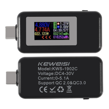 KWS-1902C Тип-C цветен дисплей USB тестер Монитор на напрежение Измервател на мощността