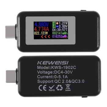 KWS-1902C Έγχρωμη οθόνη USB Tester Έγχρωμης Οθόνης Μετρητής ρεύματος Οθόνης τάσης ρεύματος