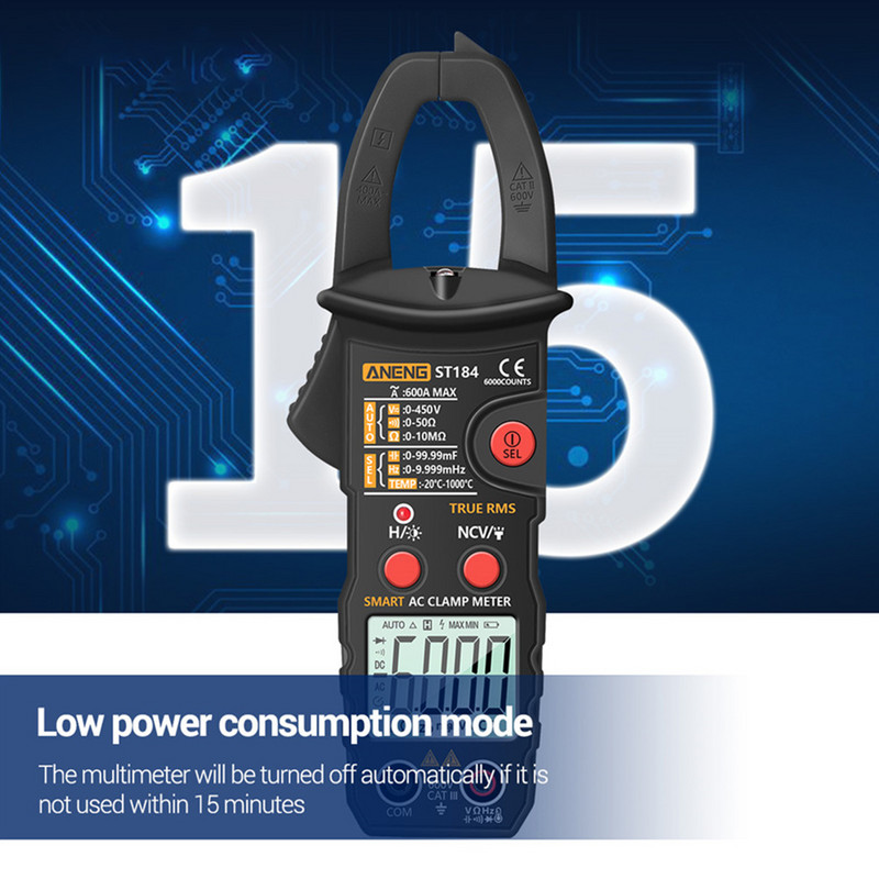 ANENG ST184 digitális bilincsmérő 6000 számláló LCD képernyő háttérvilágítású multiméterrel, True RMS AC/DC feszültségmérő ampermérő teszter