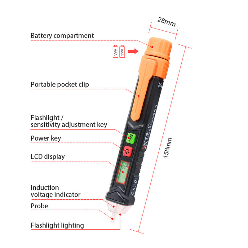 RuoShui 10 érintésmentes AC feszültség érzékelő mérő LCD kijelző NCV érzékenységi riasztás elektromos megszakító kereső ceruza teszter