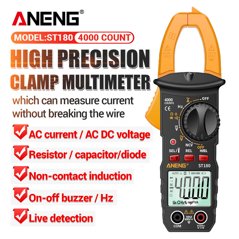 ANENG ST180 4000 Skaitļi Digitālais skavas mērītājs Maiņstrāvas Strāvas Multimetrs Ampermetrs Sprieguma testeris Automašīnas ampērs Hz kapacitātes NCV Ohm rīks