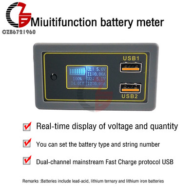 Egyenáramú autós feszültségmérő 6V-30V kapacitásjelző teljesítménymérő lítium akkumulátor feszültségmérő 12V 24V támogatás USB többprotokollos gyorstöltés