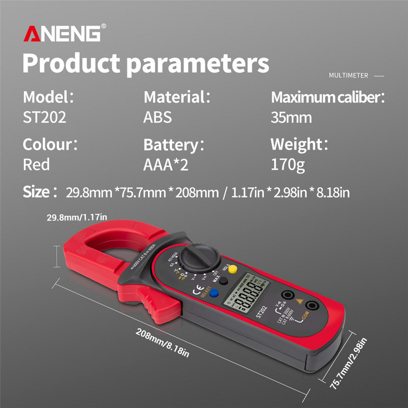 ANENG ST202 digitaalne klambriga multimeeter AC/DC klambrimõõtur Digitaalne voltmeeter Ampermeeter Lcr klambrimõõtur temperatuuri mõõtmisega