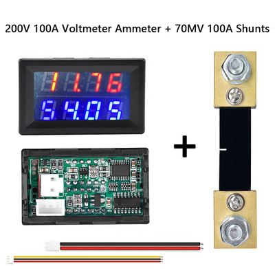 DC100V/200V 50A/100A skaitmeninis voltmetro ampermetras, 4 bitai 0,28 colio dviejų LED amperų įtampos srovės matuoklio detektorius su šuntais