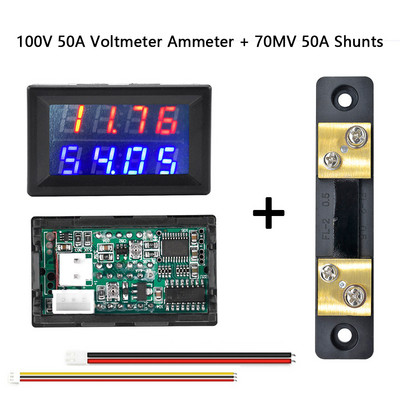 DC100V/200V 50A/100A skaitmeninis voltmetro ampermetras, 4 bitai 0,28 colio dviejų LED amperų įtampos srovės matuoklio detektorius su šuntais