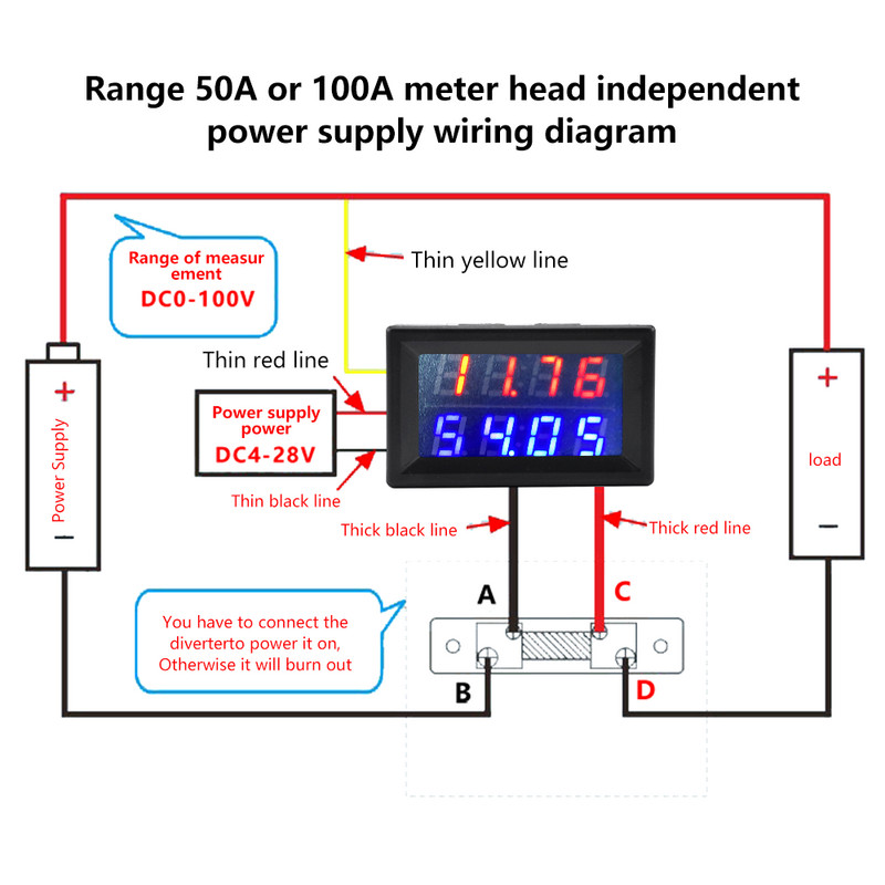 DC100V/200V 50A/100A skaitmeninis voltmetro ampermetras, 4 bitai 0,28 colio dviejų LED amperų įtampos srovės matuoklio detektorius su šuntais
