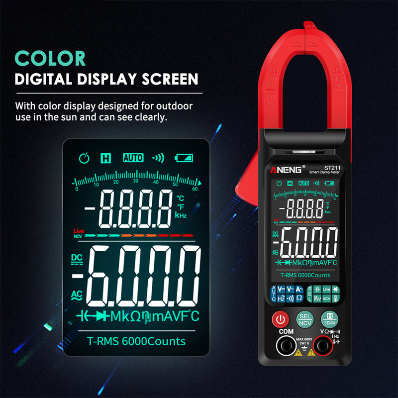 DC/AC feszültségáram-mérő multiméter 600mv/600V autós erősítő Hz NCV ohm teszt ST211 digitális bilincsmérő 6000 számlálás