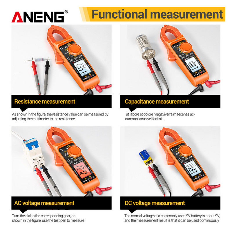 ANENG ST185 skaitmeninis spaustuko matuoklis, multimetras 4000, skaičiuoja tikrąjį RMS ampermetro įtampos testeris Hz talpos NCV omų diodų bandymas