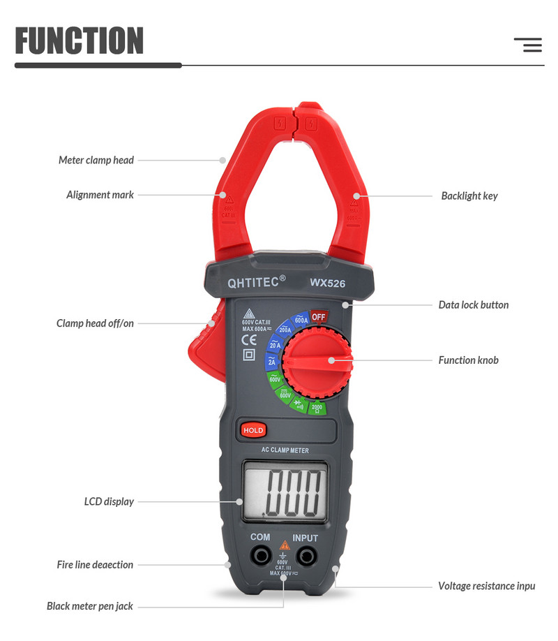 QHTITEC WX526 AC DC digitaalse klambrimõõturi multimeeter Pinza Amperimetrica True RMS suure täpsusega mahtuvusega NCV Ohm Hz tester
