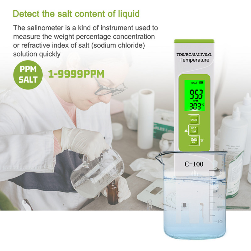 Yieryi 5 az 1-ben TDS/EC/Sótartalom/SG/hőmérsékletmérő hordozható toll típusú PH-mérő akváriumi úszómedence vízminőség-mérő