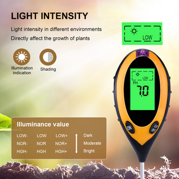 Yieryi Digital 4 в 1 измервател на рН на почвата Монитор на температурата Тестер на слънчевата светлина за градински растения, земеделие с черна светлина