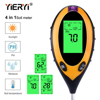 Yieryi Digital 4-ühes pinnase PH-meeter niiskuse monitori temperatuuri päikesevalguse tester musta valgusega aiataimede kasvatamiseks