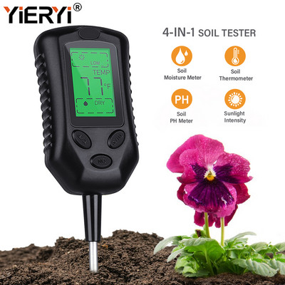 Yieryi Digital 4 în 1 Contor de pH al solului Monitor de umiditate Tester de temperatură pentru lumina soarelui pentru plante de grădinărit cultivate cu lumină neagră