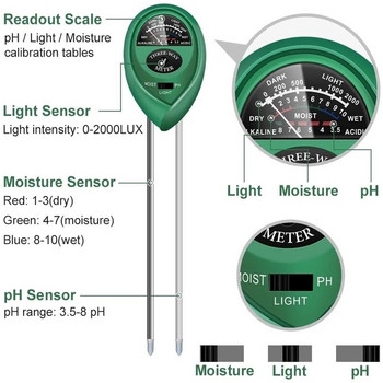 3 In1 Phometer за влажност на почвата Вода Тестващ инструмент Киселинност Влажност Монитор на почвата за растенията Сензор за влага на слънчева светлина Ph детектор