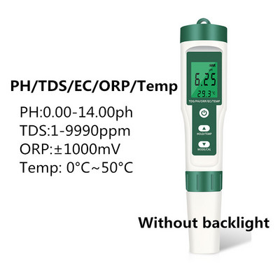 5-ühes digitaalne PH-mõõtur TDS/EC/ORP/temperatuurimõõtur Kaasaskantav veekvaliteedi monitori tester basseinide joogiveeakvaariumide jaoks