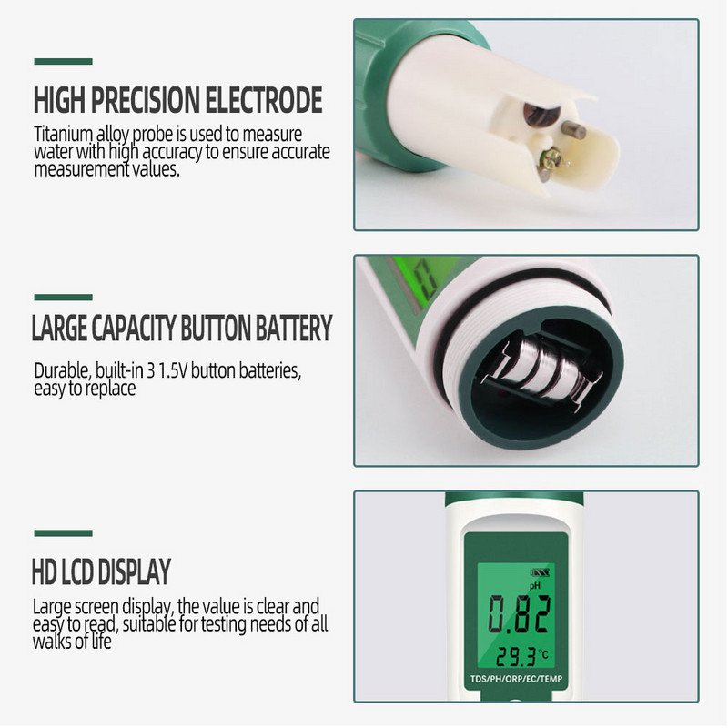 5 viename skaitmeninis PH matuoklis TDS/EC/ORP/temperatūros matuoklis, nešiojamasis vandens kokybės monitoriaus testeris, skirtas baseinams, geriamojo vandens akvariumams