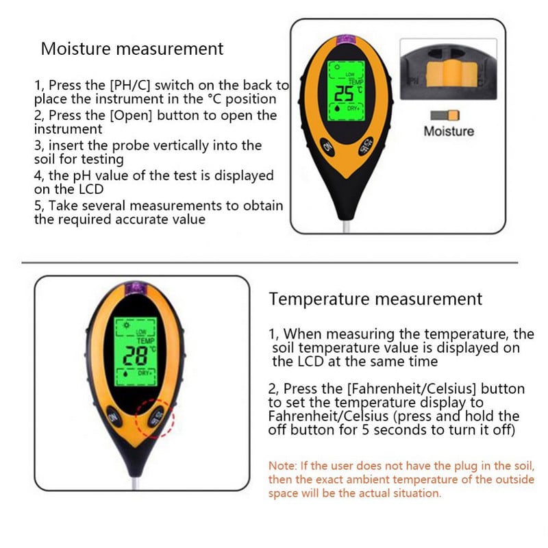 4-ühes LCD-ekraan Mulla pH-meeter Digitaalne niiskuse happesuse tester Professionaalne taimede pinnase testeri komplekt Aiatarvikud Tööriistad