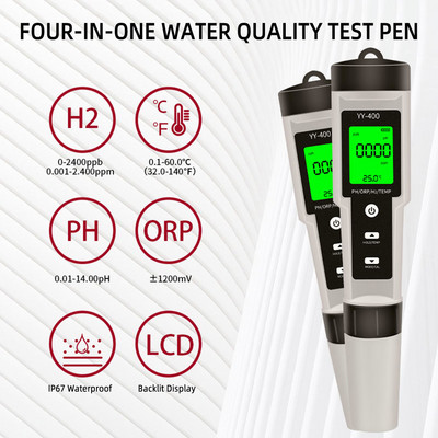 4 in 1 H2/PH/ORP/TEMP arvesti LCD taustvalgustusega digitaalne veekvaliteedi monitori tester PH-mõõtur basseinide, joogivee, akvaariumide jaoks