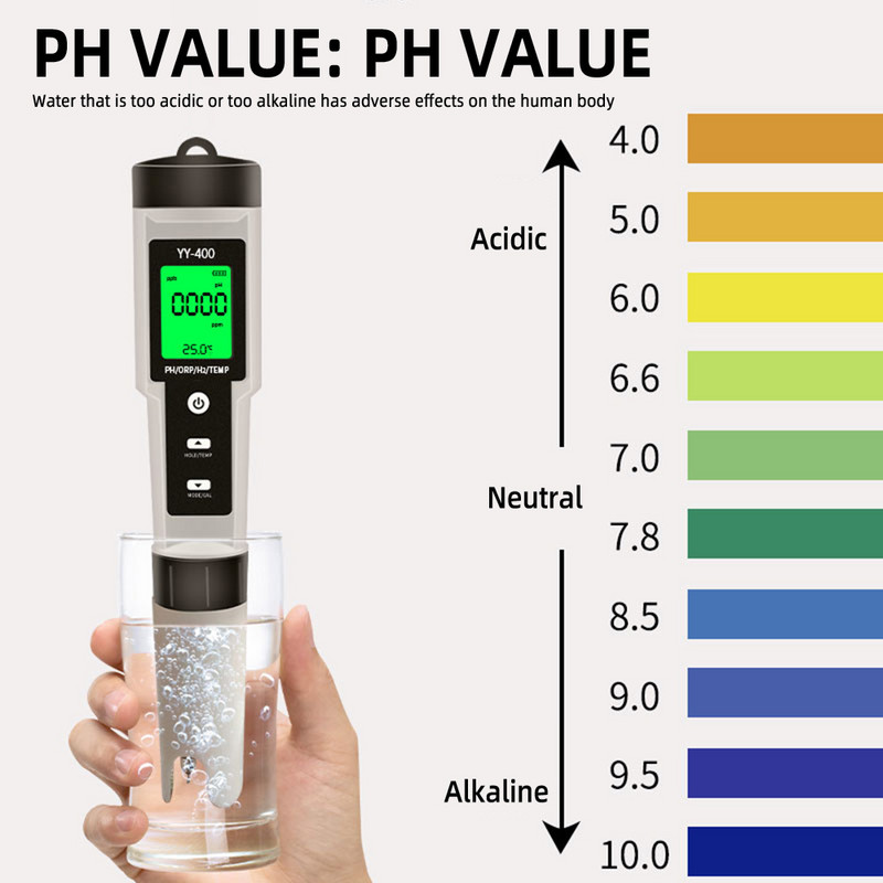 4 az 1-ben H2/PH/ORP/TEMP mérő LCD háttérvilágítású digitális vízminőség-ellenőrző PH mérő medencékhez, ivóvízhez, akváriumokhoz