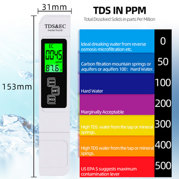 Цифров PH/TDS/EC измервателен уред Тестер Термометър Писалка Чистота на водата PPM Диапазон 0-9999 Филтър Хидропоника за монитор за вода в аквариумен басейн