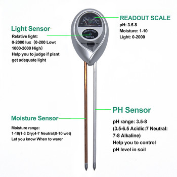 Μετρητής PH εδάφους 3 σε 1 Μετρητής ηλιακού φωτός PH Φυτά Ανιχνευτής Οξύτητας Οθόνη PH Ανιχνευτής Λουλούδια κήπου Μετρητής αισθητήρα υγρασίας εδάφους