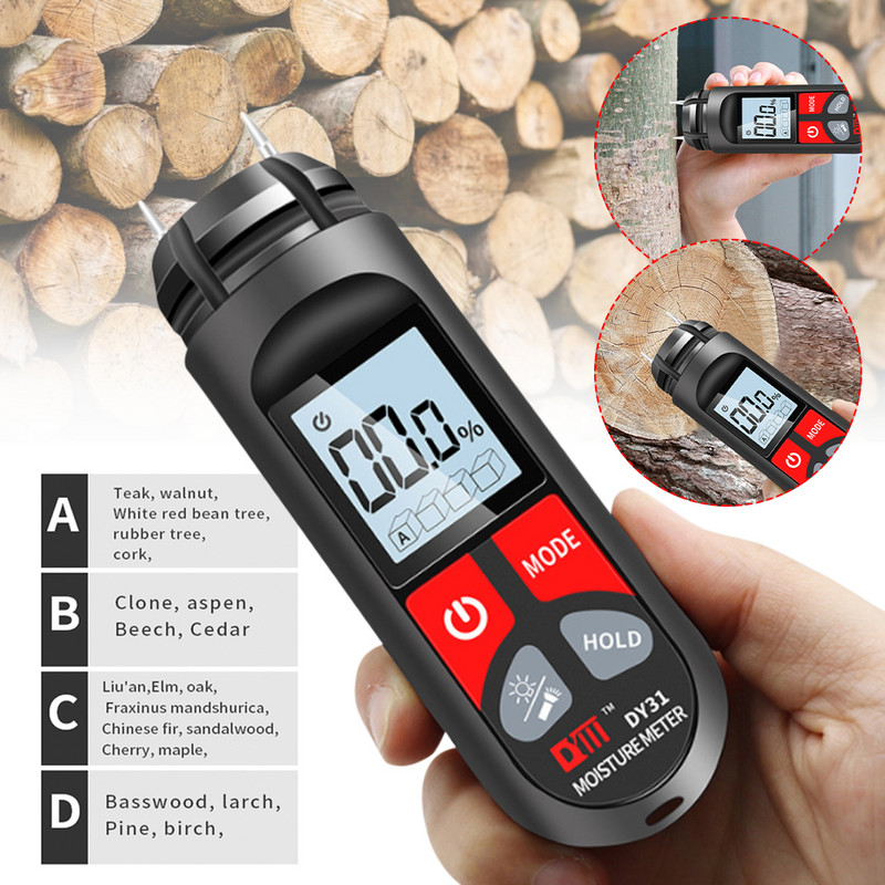 Цифров измервател на влага в дърво, тестер за влажност на хартия с LCD дисплей, преносим стенен влагомер, детектор за влага в дървен материал 0-99,9%