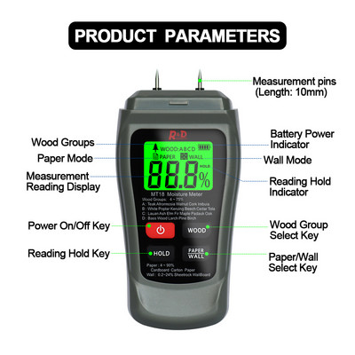 MT-18 hall 0-99,9% Kahe tihvtiga digitaalne puiduniiskusmõõtur paberi niiskuse tester seinahügromeeter puidu niiskusandur Tasuta kohaletoimetamine