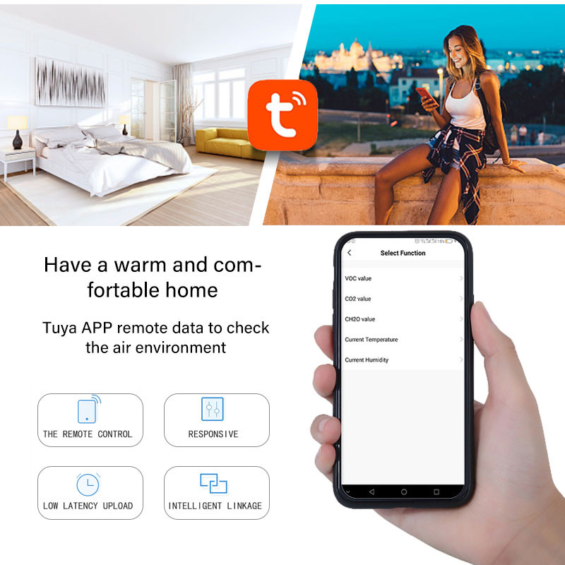 Tuya Wifi Smart Air Box kokybės monitorius CO2 jutiklio temperatūros drėgmės matuoklis VOC HCHO dujų detektorius automatikos signalizacijos detektorius