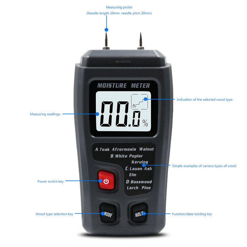 Digitaalne niiskustesti LCD-ekraan Puidu niiskuse mõõtmise tööriist Kaasaskantav puude tiheduse mõõtmine lehtpuidust põrandakatete jaoks Kapid mööbel