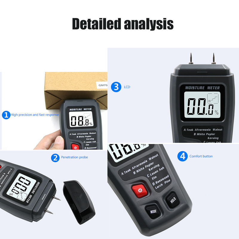 Digitaalne niiskustesti LCD-ekraan Puidu niiskuse mõõtmise tööriist Kaasaskantav puude tiheduse mõõtmine lehtpuidust põrandakatete jaoks Kapid mööbel