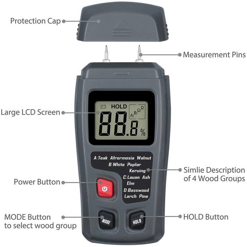 Digitaalne ekraan puiduniiskuse mõõtja käeshoitav palgihügromeeter puidu niiskuse detektor niiskuse tester