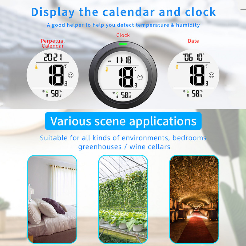 WiFi Graffiti óra Kompakt hőmérséklet- és páratartalom-érzékelő PT19DW Intelligens elektronikus hő-higrométer otthoni érzékelő