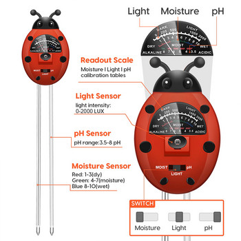 Тестер за почва Ladybug 3 в 1 PH метър Измерване на влажността на растенията Измерване на интензитета на слънчевата светлина Анализ Аларма Тест за киселинност на почвата Монитор