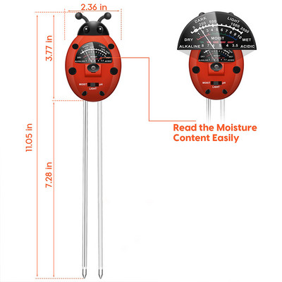 Lepatriinu pinnase tester 3 in 1 PH-meeter Taime niiskusmõõtur päikesevalguse intensiivsuse mõõtmise analüüs, häire mulla happesuse testi monitor