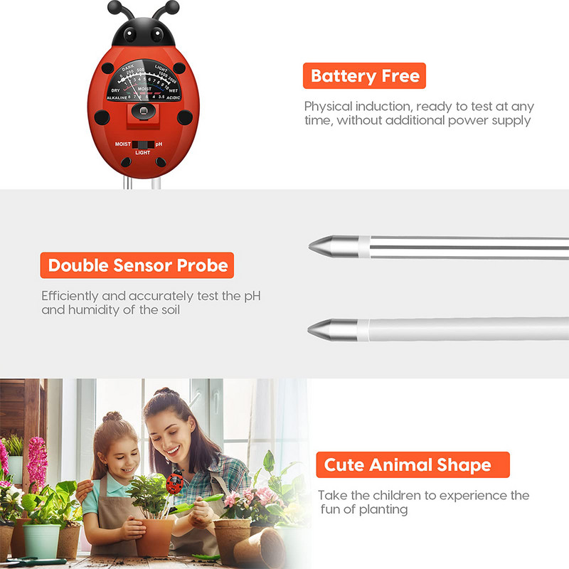 Lepatriinu pinnase tester 3 in 1 PH-meeter Taime niiskusmõõtur päikesevalguse intensiivsuse mõõtmise analüüs, häire mulla happesuse testi monitor