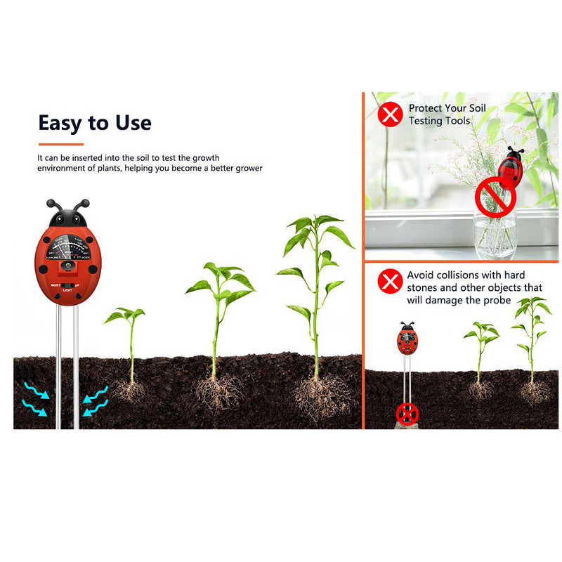 Lepatriinu pinnase tester 3 in 1 PH-meeter Taime niiskusmõõtur päikesevalguse intensiivsuse mõõtmise analüüs, häire mulla happesuse testi monitor