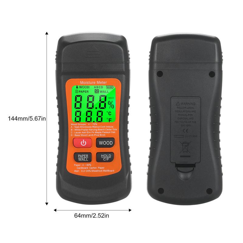 Két tűs típusú fa nedvességmérő 3 az 1-ben nedvességmérő műszer LCD kijelzővel, fa nedvességérzékelővel a pontos méréshez
