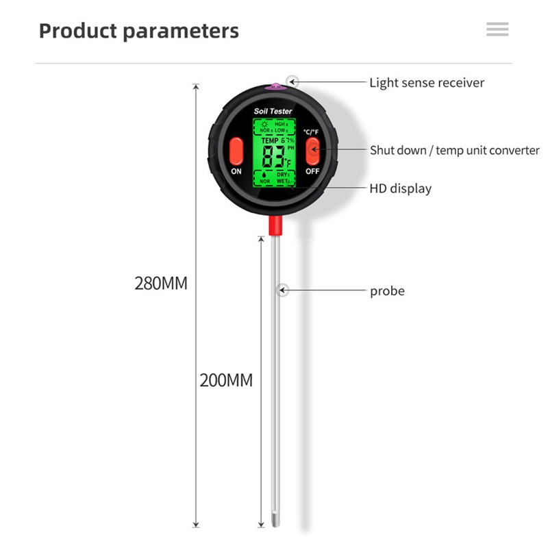 Ph Meter Εδάφους Υγρασία Ελαφρύ Θερμοκρασία Έλεγχος οξύτητας εδάφους Αισθητήρας υγρασίας 5 σε 1 για φυτά Λουλούδια Εργαλείο κήπου