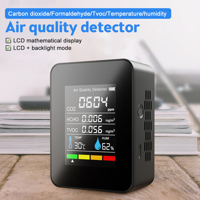 CO2 mérő 5 IN 1 gázérzékelő hordozható hőmérséklet páratartalom LCD digitális többfunkciós TVOC HCHO levegőminőség monitor